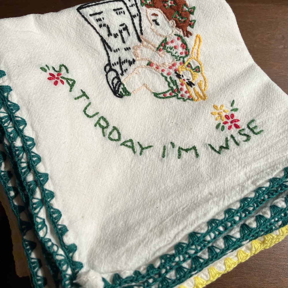 Vintage Embroidered White Flour Dishtowels